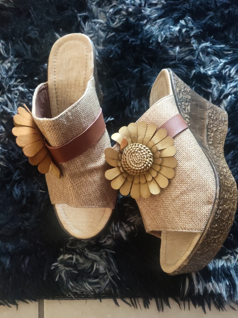 Womens Tan Wedge Sandals with Floral Accent